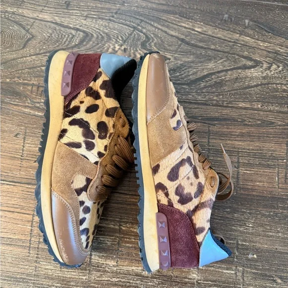 Valentino Garavani Leopard Pony Hair Rockstud Trainers Size 8 - Picture 13 of 14